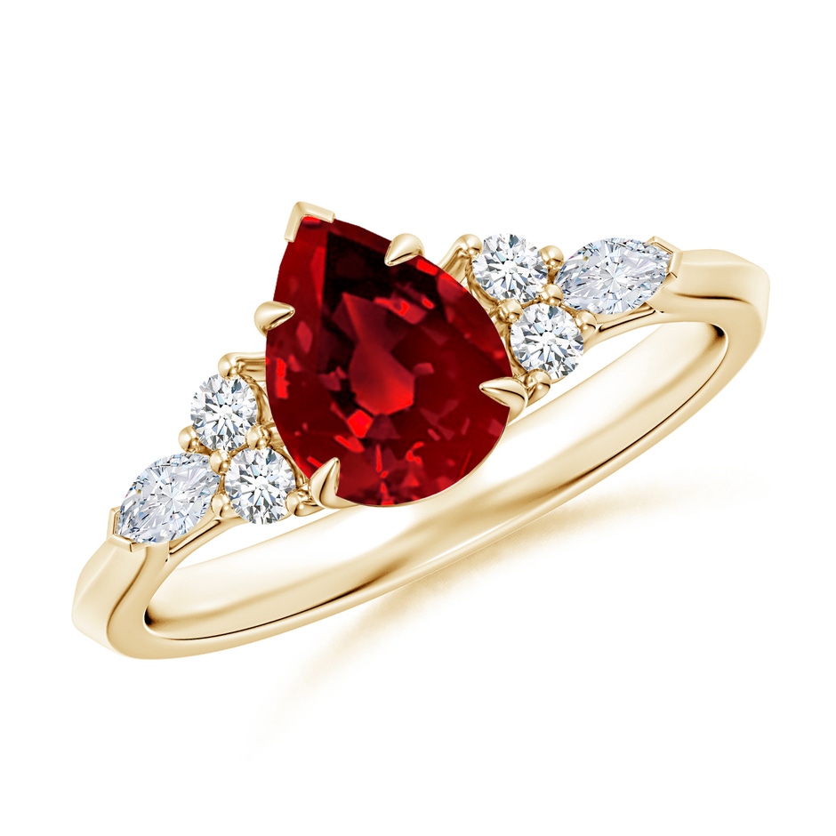8x6mm Labgrown Lab-Grown Pear Shape Ruby Side Stone Engagement Ring with Diamonds in Yellow Gold 