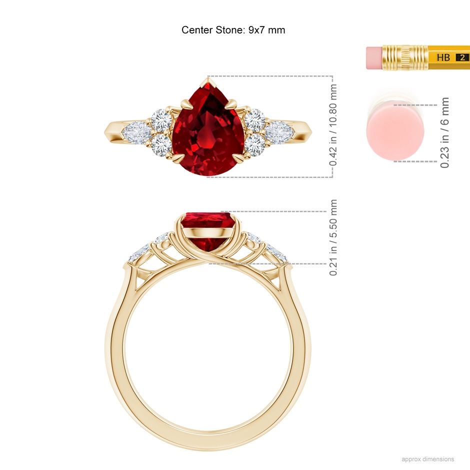 9x7mm Labgrown Lab-Grown Pear Shape Ruby Side Stone Engagement Ring with Diamonds in 18K Yellow Gold ruler