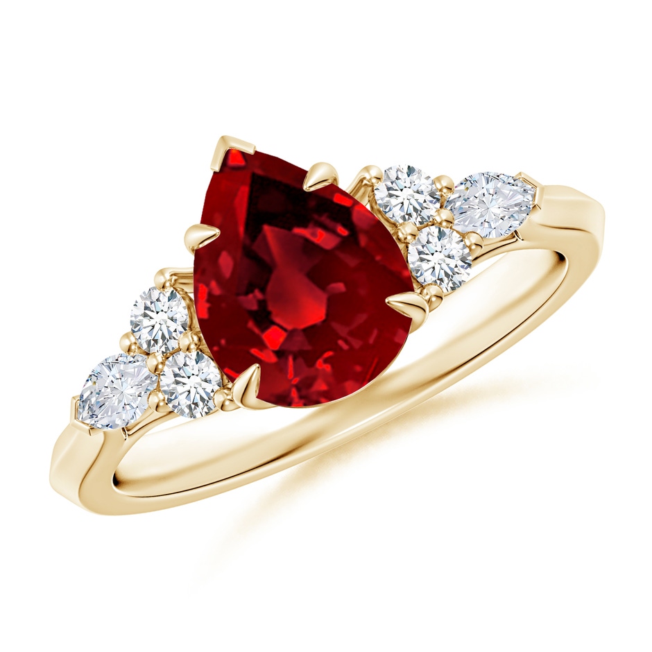 9x7mm Labgrown Lab-Grown Pear Shape Ruby Side Stone Engagement Ring with Diamonds in 9K Yellow Gold 