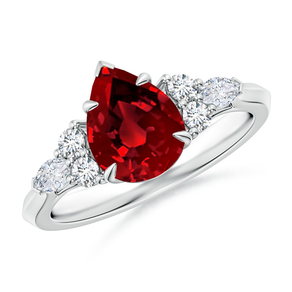 9x7mm Labgrown Lab-Grown Pear Shape Ruby Side Stone Engagement Ring with Diamonds in White Gold