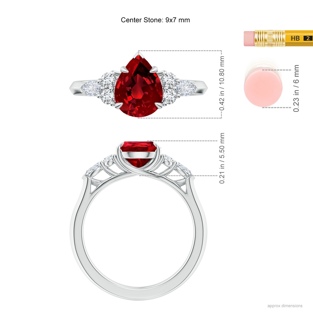 9x7mm Labgrown Lab-Grown Pear Shape Ruby Side Stone Engagement Ring with Diamonds in White Gold ruler