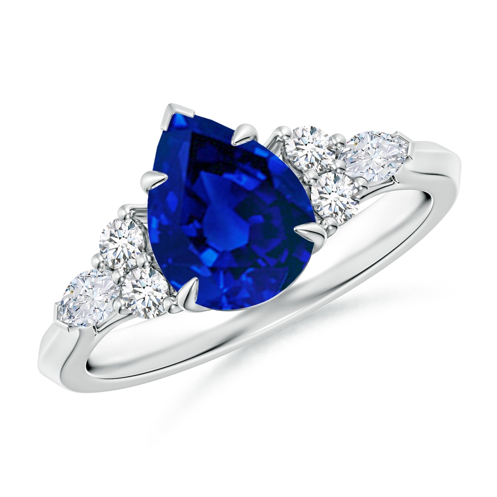 9x7mm Labgrown Lab-Grown Pear Shape Blue Sapphire Side Stone Engagement Ring with Diamonds in White Gold