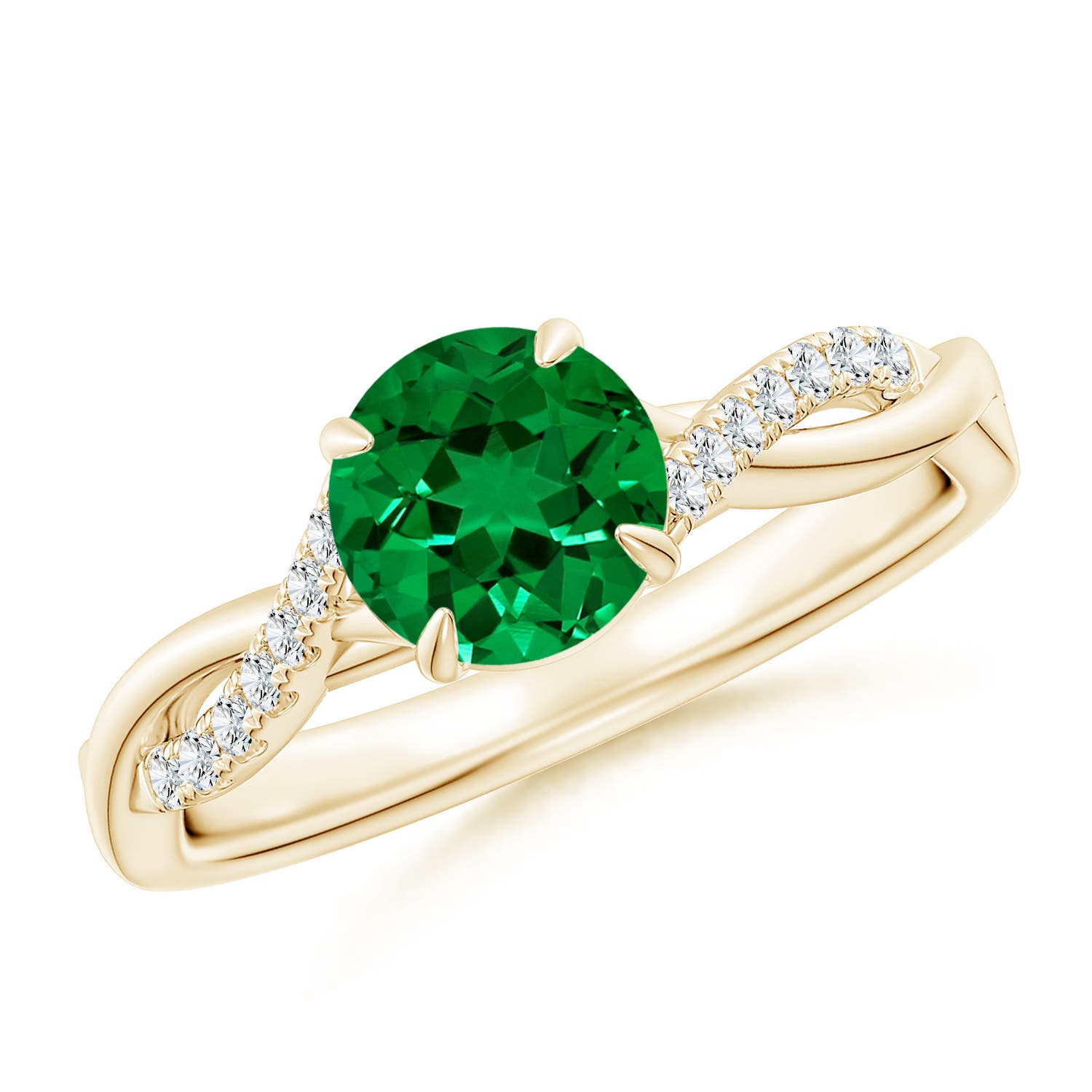 6.5mm Labgrown Lab-Grown Round Emerald Twisted Shank Engagement Ring in 18K Yellow Gold