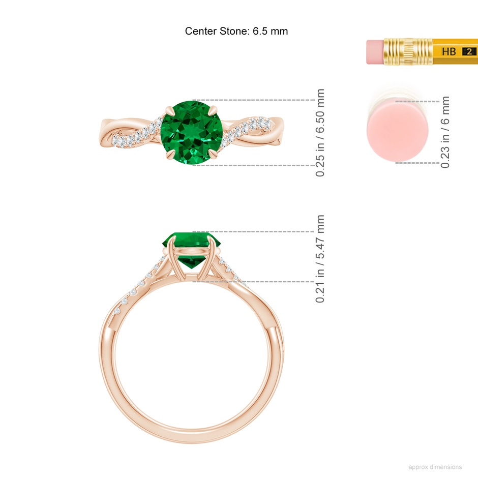 6.5mm Labgrown Lab-Grown Round Emerald Twisted Shank Engagement Ring in Rose Gold ruler