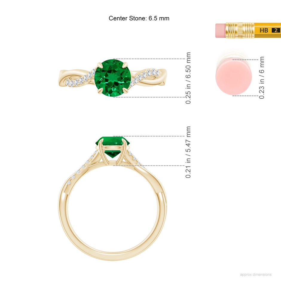 6.5mm Labgrown Lab-Grown Round Emerald Twisted Shank Engagement Ring in Yellow Gold ruler