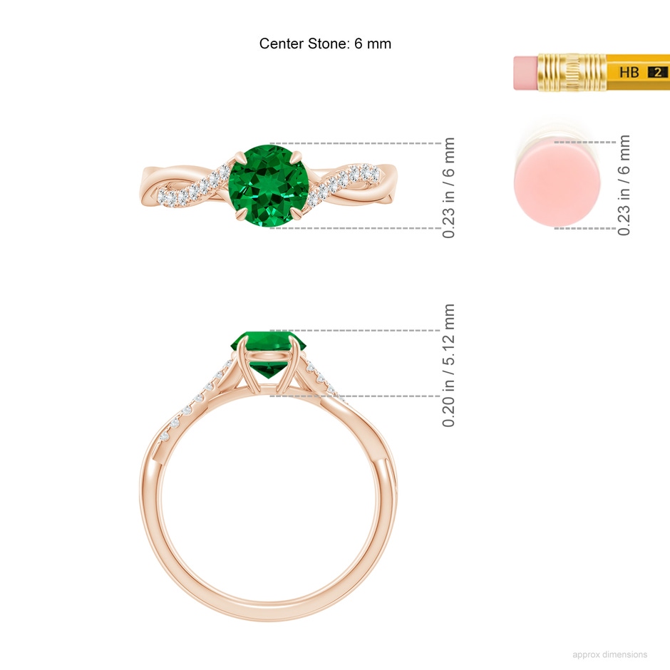 6mm Labgrown Lab-Grown Round Emerald Twisted Shank Engagement Ring in Rose Gold ruler