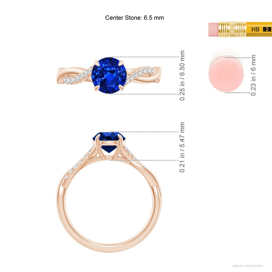 6.5mm Labgrown Lab-Grown Round Blue Sapphire Twisted Shank Engagement Ring in 18K Rose Gold ruler