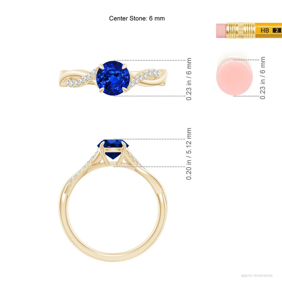 6mm Labgrown Lab-Grown Round Blue Sapphire Twisted Shank Engagement Ring in Yellow Gold ruler
