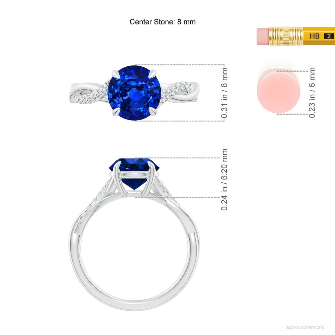 8mm Labgrown Lab-Grown Round Blue Sapphire Twisted Shank Engagement Ring in 18K White Gold - ruler