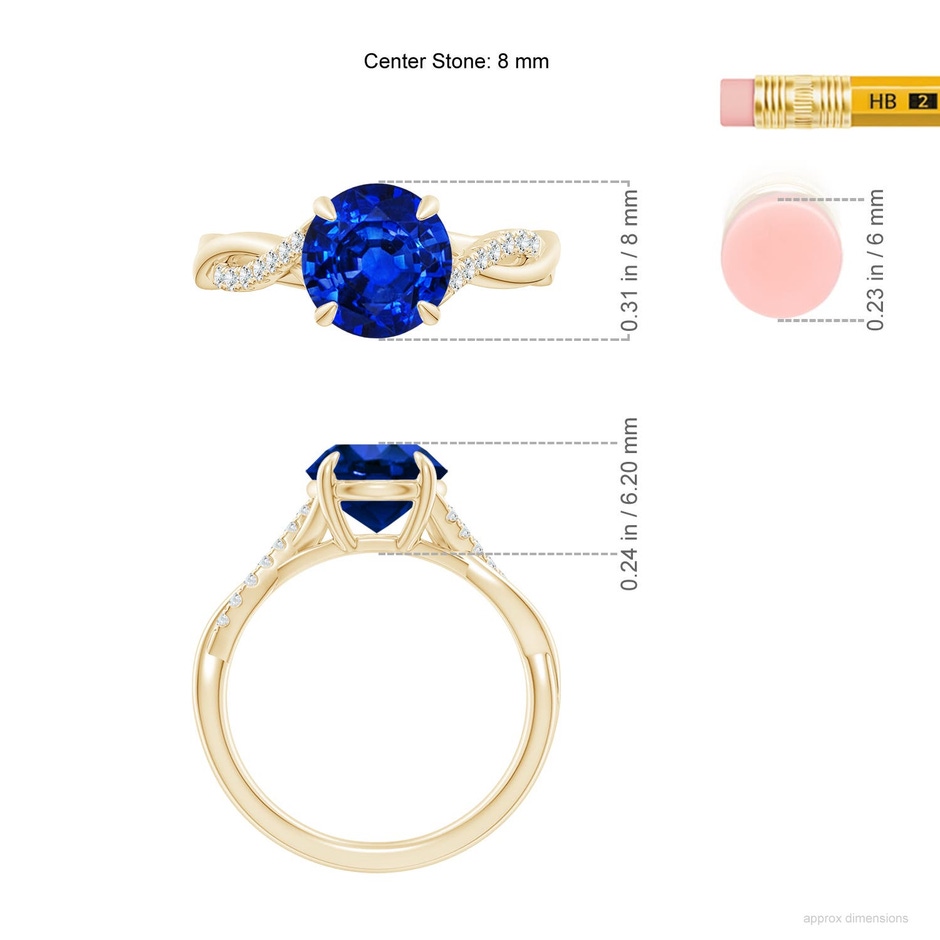 8mm Labgrown Lab-Grown Round Blue Sapphire Twisted Shank Engagement Ring in Yellow Gold ruler