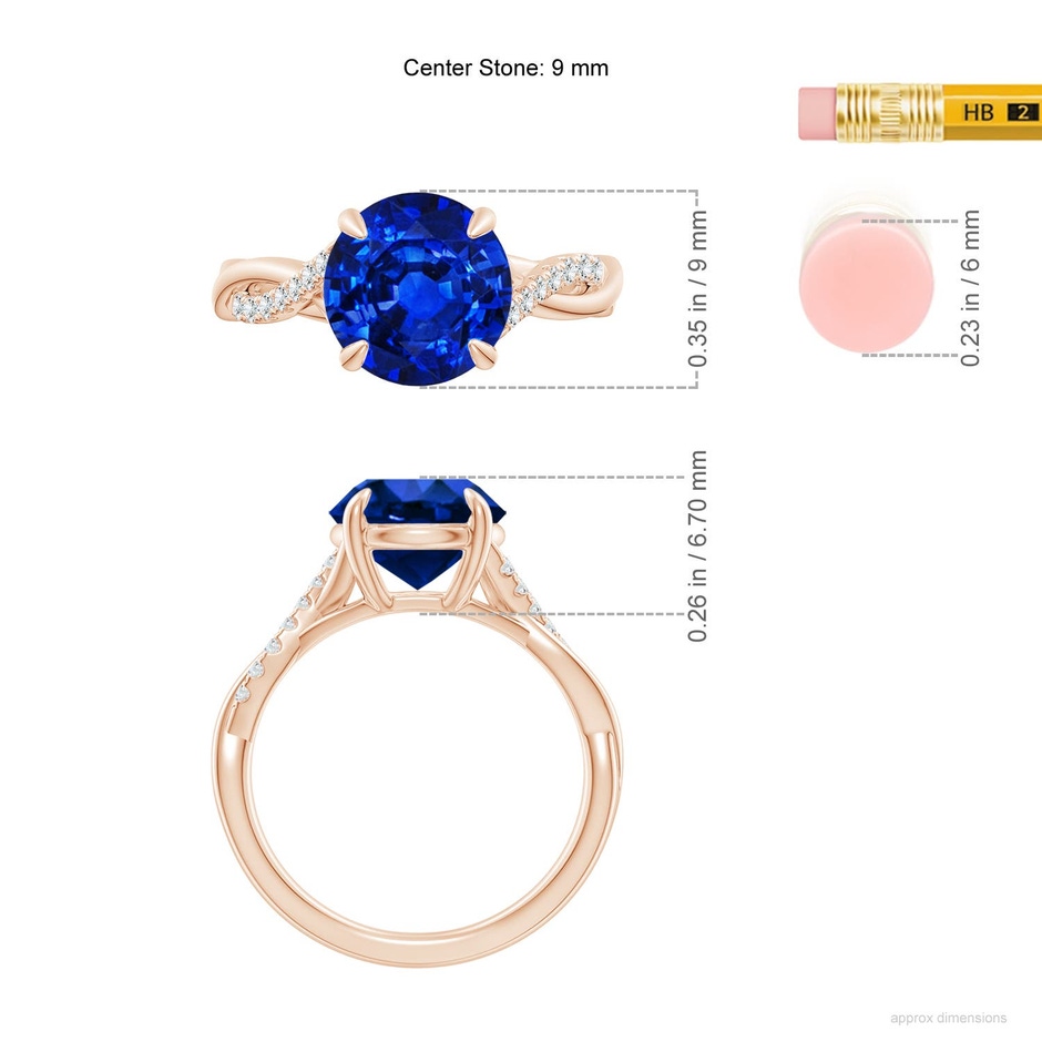 9mm Labgrown Lab-Grown Round Blue Sapphire Twisted Shank Engagement Ring in 18K Rose Gold ruler