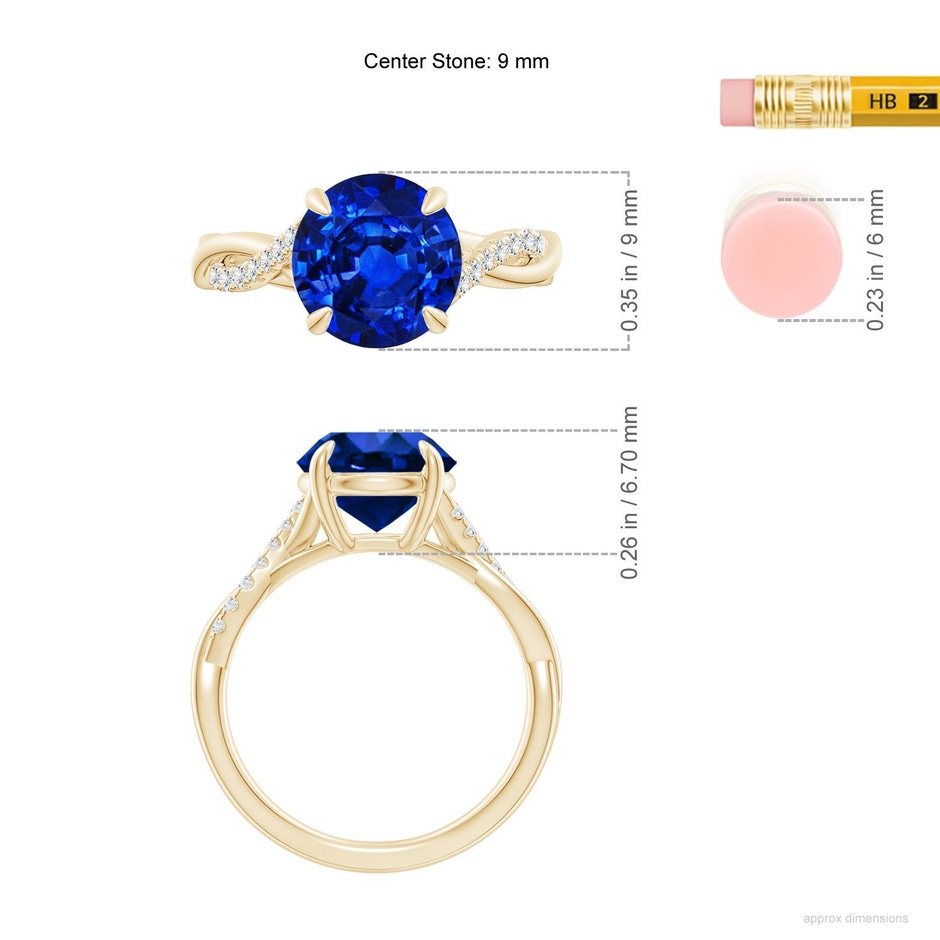 9mm Labgrown Lab-Grown Round Blue Sapphire Twisted Shank Engagement Ring in 18K Yellow Gold ruler