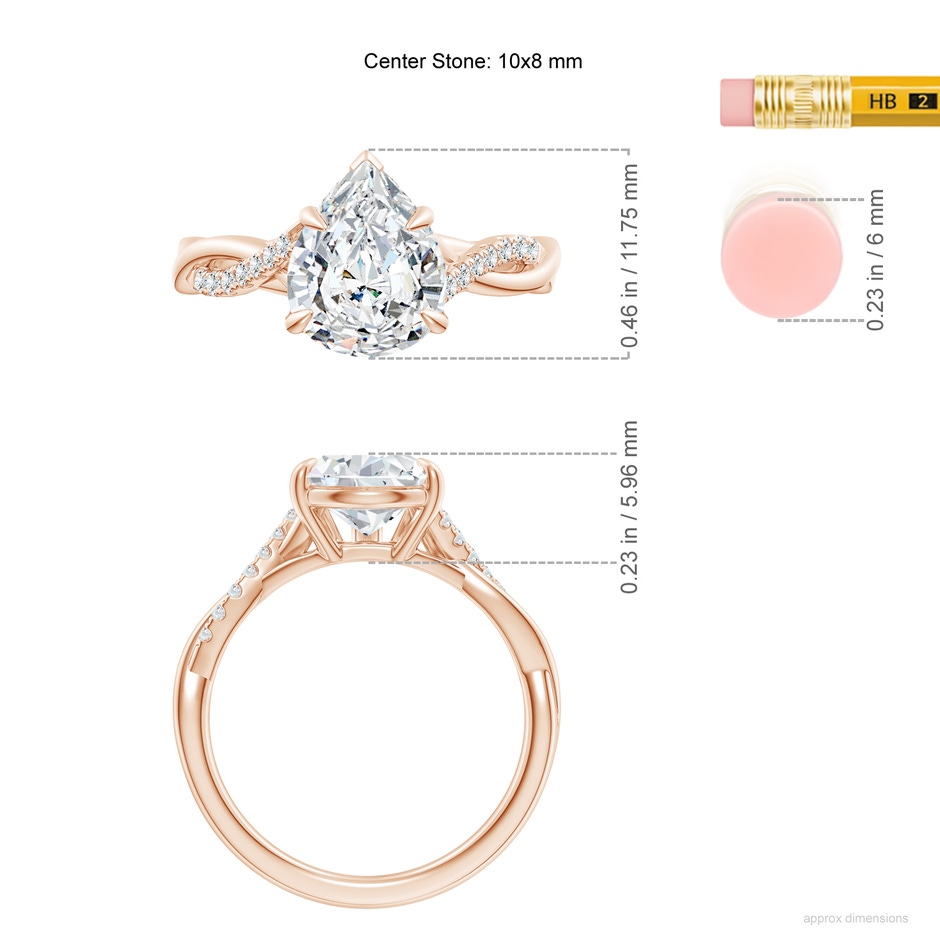 10x8mm FGVS Lab-Grown Pear-Shaped Diamond Twisted Shank Engagement Ring in Rose Gold ruler