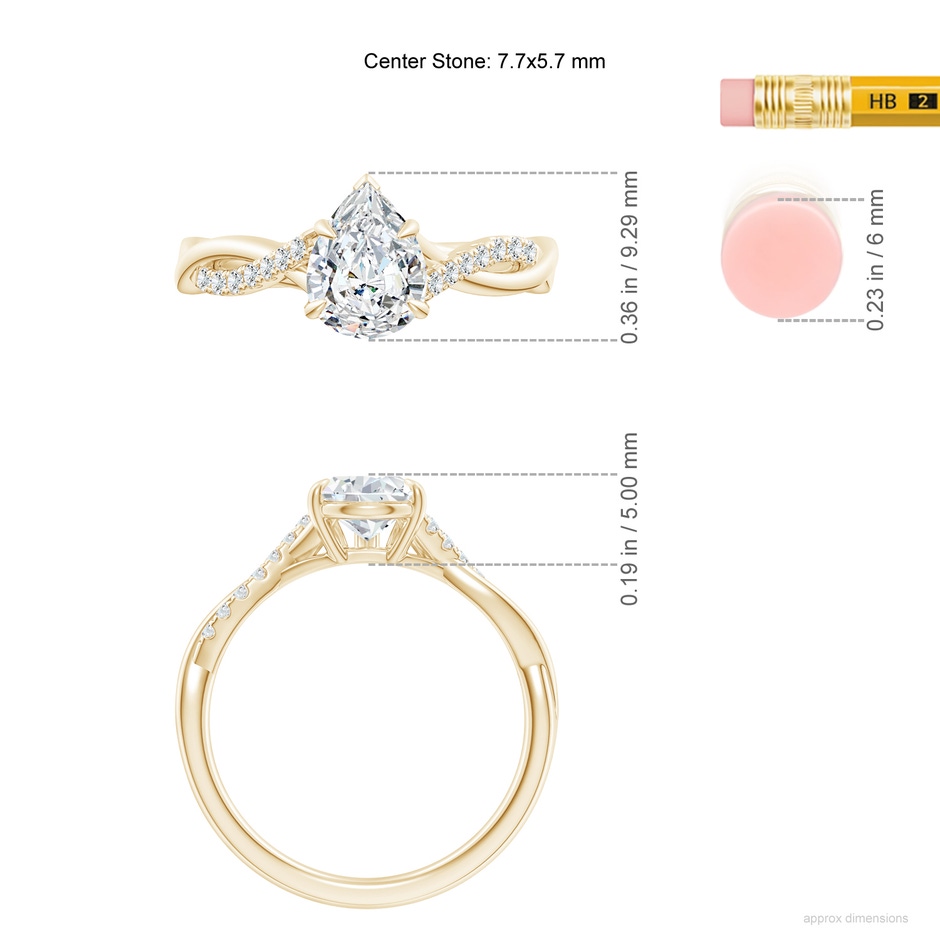 7.7x5.7mm FGVS Lab-Grown Pear-Shaped Diamond Twisted Shank Engagement Ring in Yellow Gold ruler