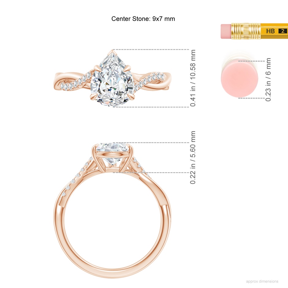 9x7mm FGVS Lab-Grown Pear-Shaped Diamond Twisted Shank Engagement Ring in Rose Gold ruler