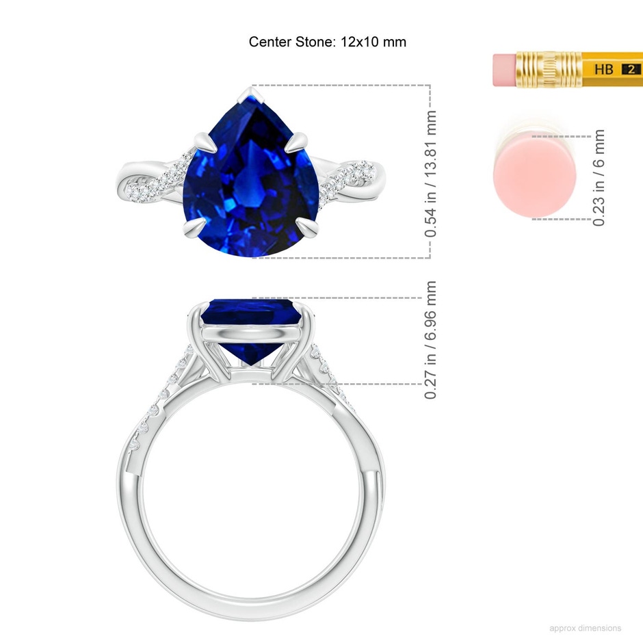 12x10mm Labgrown Lab-Grown Pear-Shaped Blue Sapphire Twisted Shank Engagement Ring in 18K White Gold ruler
