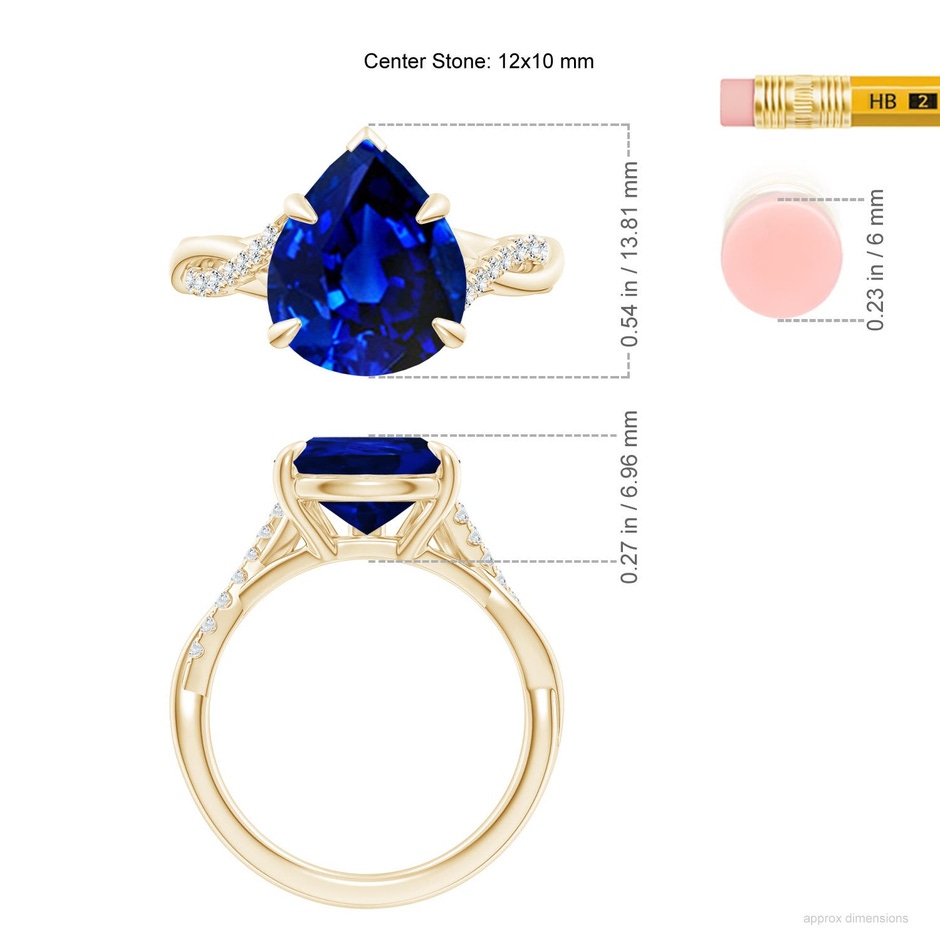 12x10mm Labgrown Lab-Grown Pear-Shaped Blue Sapphire Twisted Shank Engagement Ring in 18K Yellow Gold ruler