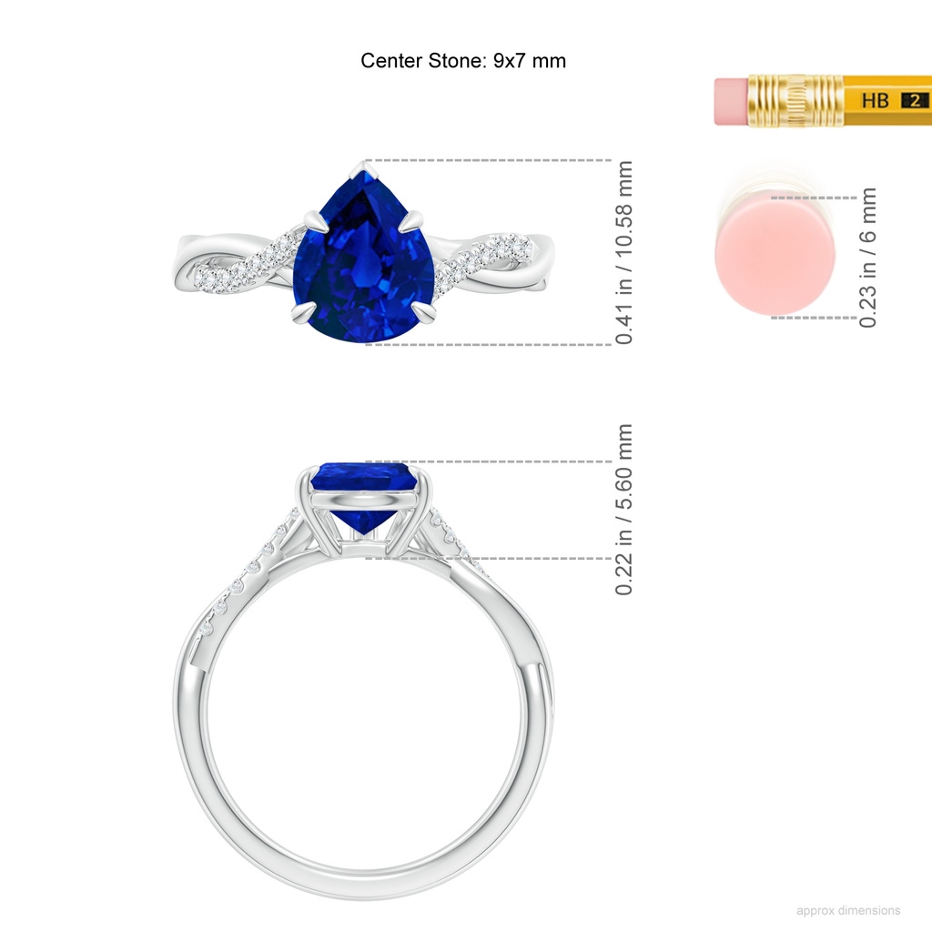 9x7mm Labgrown Lab-Grown Pear-Shaped Blue Sapphire Twisted Shank Engagement Ring in White Gold ruler