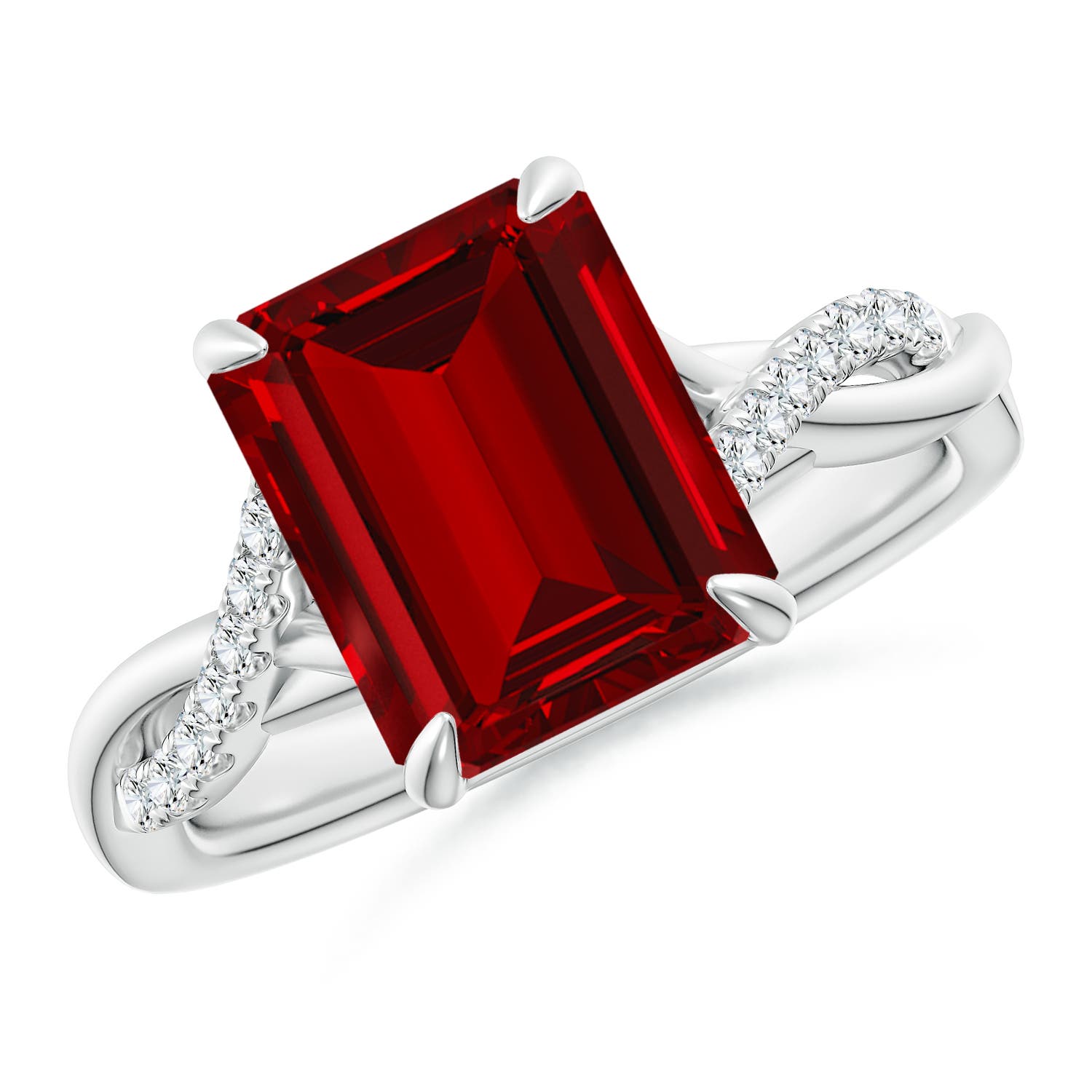 10x8mm Labgrown Lab-Grown Emerald-Cut Ruby Twisted Shank Engagement Ring in 18K White Gold