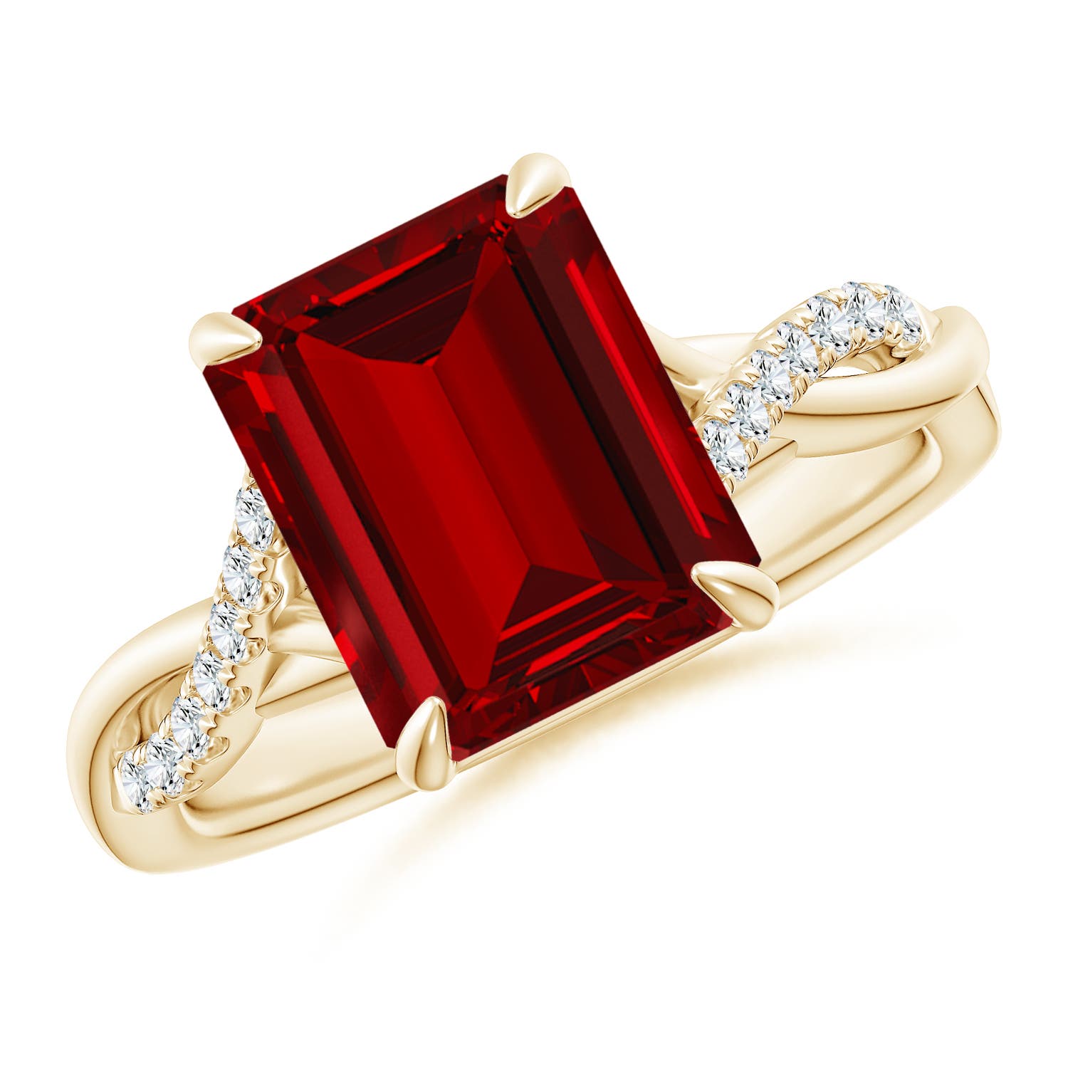 10x8mm Labgrown Lab-Grown Emerald-Cut Ruby Twisted Shank Engagement Ring in 18K Yellow Gold