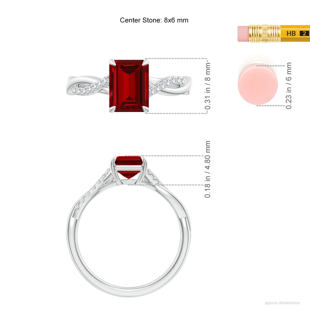 8x6mm Labgrown Lab-Grown Emerald-Cut Ruby Twisted Shank Engagement Ring in White Gold ruler