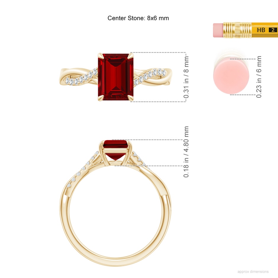 8x6mm Labgrown Lab-Grown Emerald-Cut Ruby Twisted Shank Engagement Ring in Yellow Gold ruler