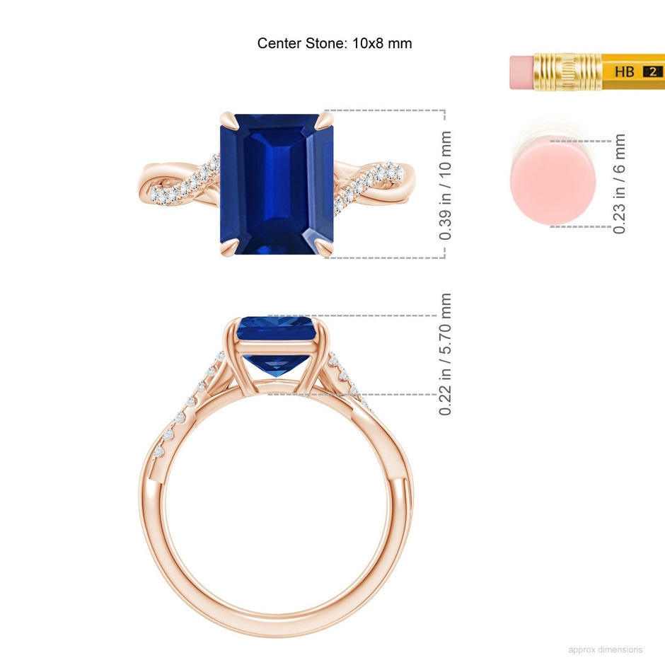 10x8mm Labgrown Lab-Grown Emerald-Cut Blue Sapphire Twisted Shank Engagement Ring in 18K Rose Gold ruler