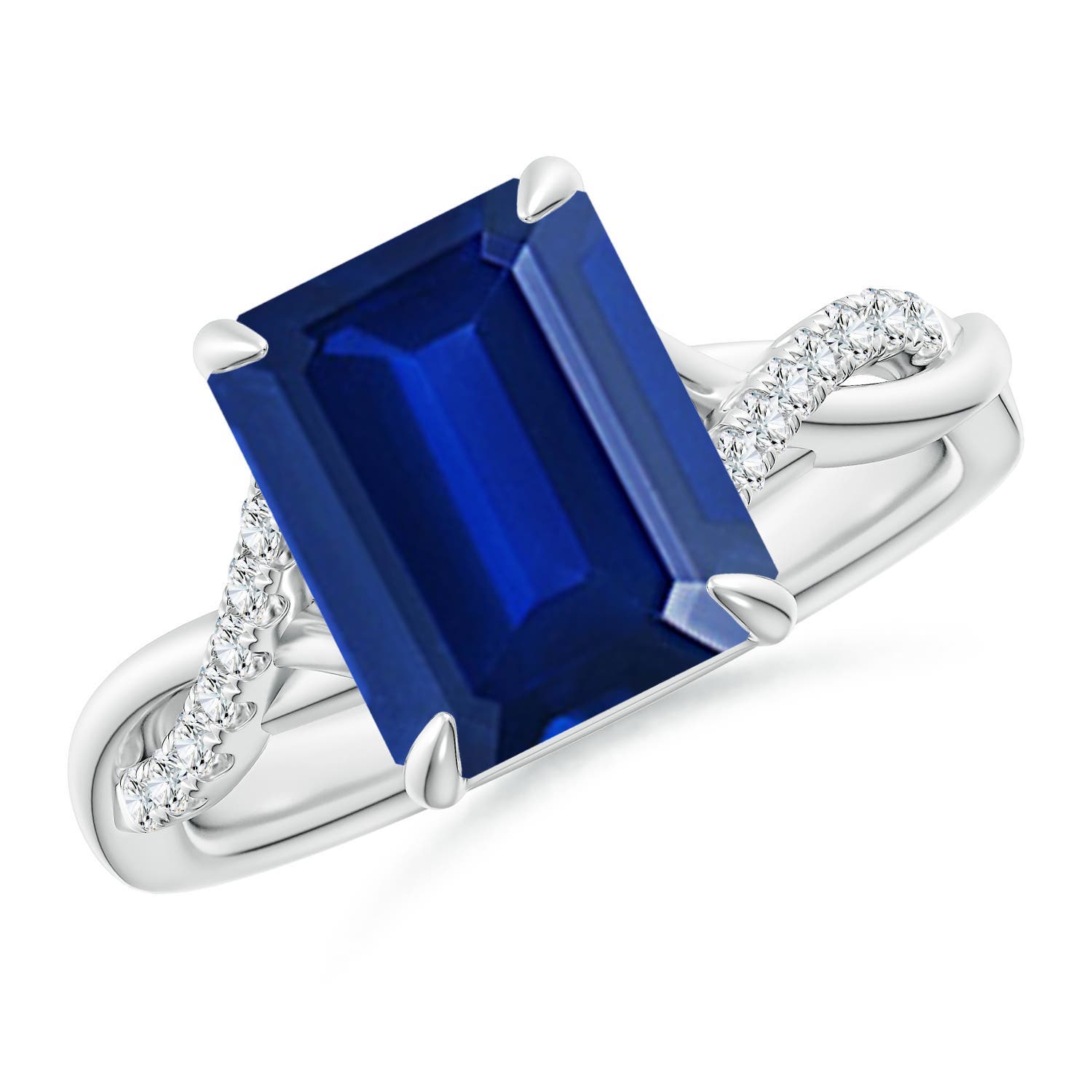 10x8mm Labgrown Lab-Grown Emerald-Cut Blue Sapphire Twisted Shank Engagement Ring in 18K White Gold