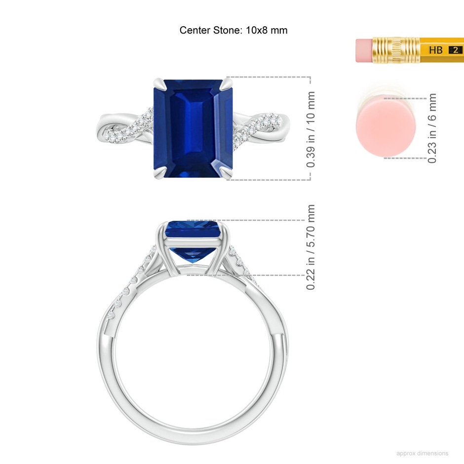 10x8mm Labgrown Lab-Grown Emerald-Cut Blue Sapphire Twisted Shank Engagement Ring in 18K White Gold ruler