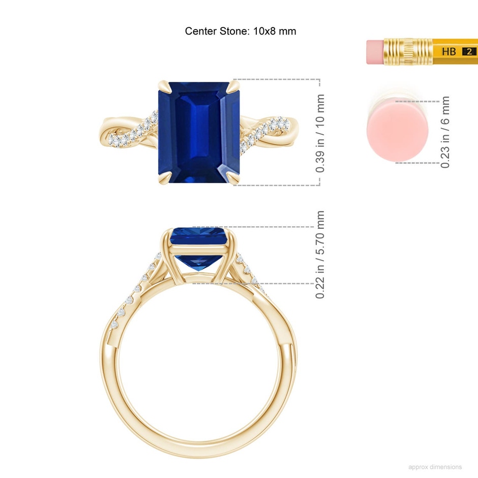 10x8mm Labgrown Lab-Grown Emerald-Cut Blue Sapphire Twisted Shank Engagement Ring in 18K Yellow Gold ruler