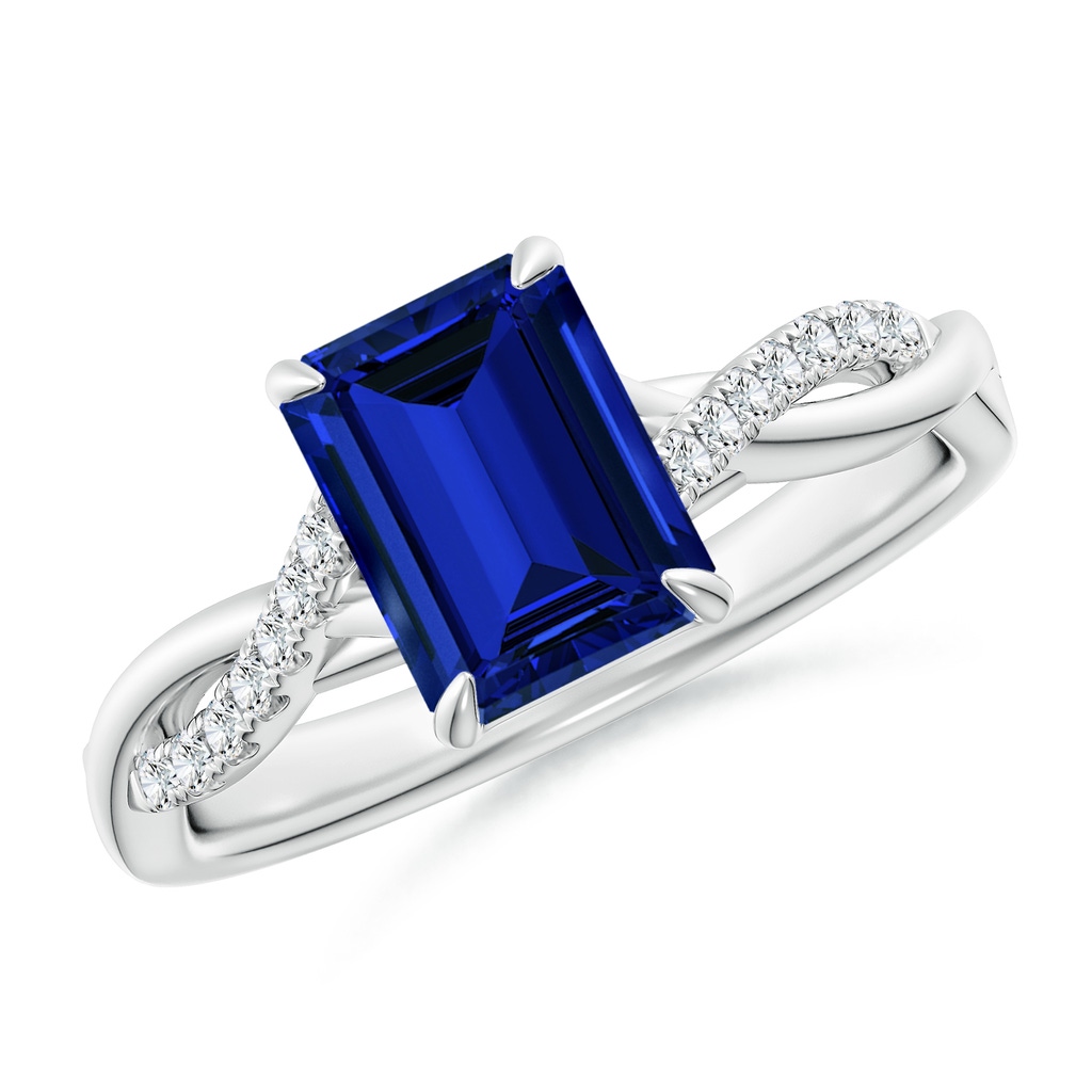 8x6mm Labgrown Lab-Grown Emerald-Cut Blue Sapphire Twisted Shank Engagement Ring in White Gold