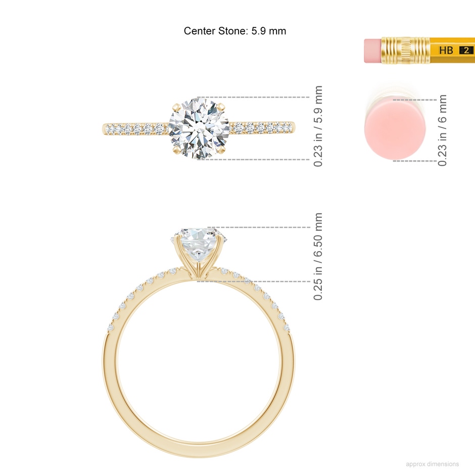 5.9mm FGVS Lab-Grown Peg Head Round Diamond Classic Engagement Ring in Yellow Gold ruler