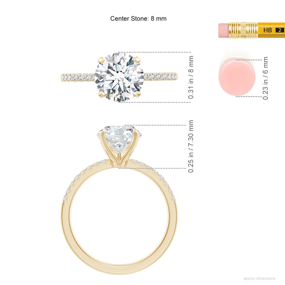 8mm FGVS Lab-Grown Peg Head Round Diamond Classic Engagement Ring in Yellow Gold ruler