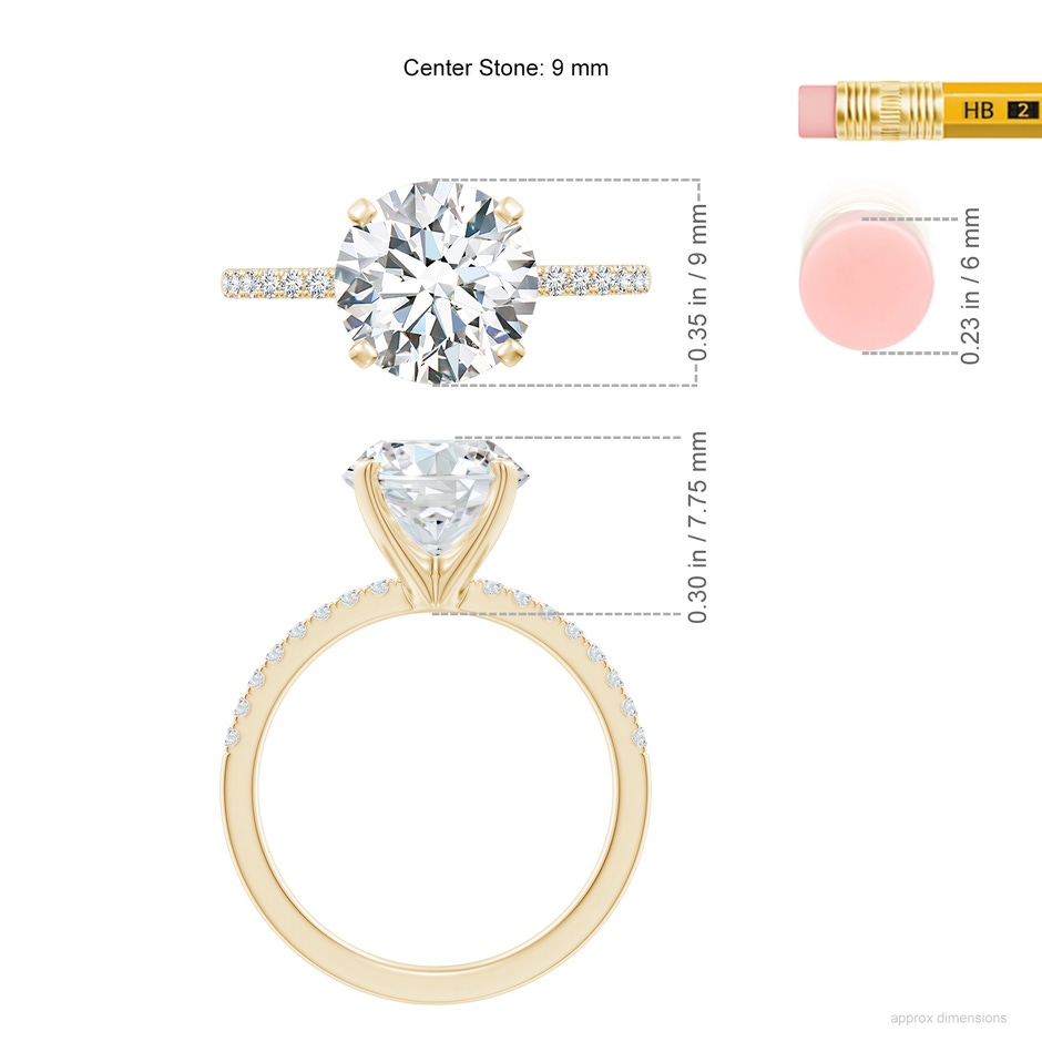 9.2mm FGVS Lab-Grown Peg Head Round Diamond Classic Engagement Ring in Yellow Gold ruler