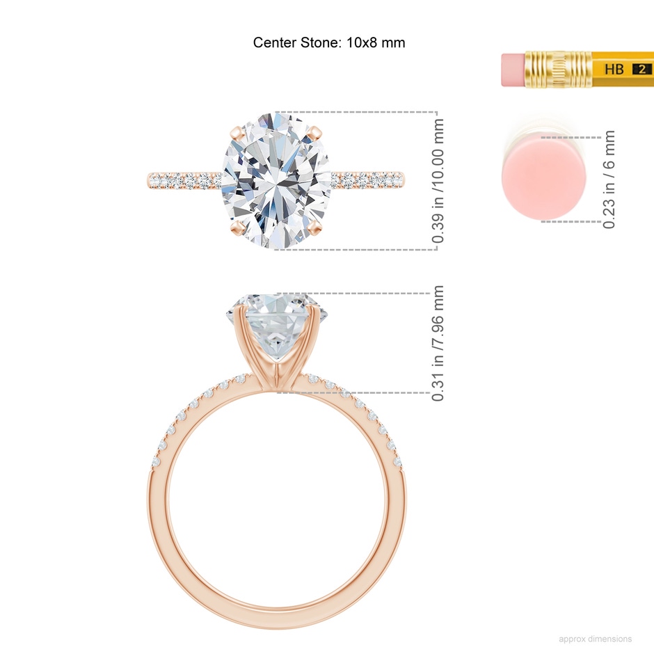 10x8mm FGVS Lab-Grown Peg Head Oval Diamond Classic Engagement Ring in Rose Gold ruler