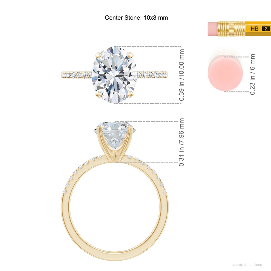 10x8mm FGVS Lab-Grown Peg Head Oval Diamond Classic Engagement Ring in Yellow Gold ruler