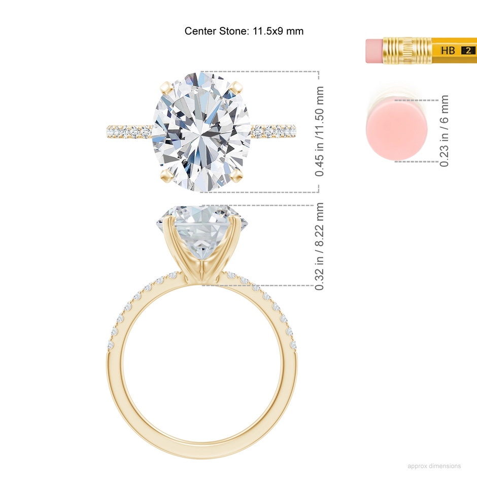 11.5x9mm FGVS Lab-Grown Peg Head Oval Diamond Classic Engagement Ring in Yellow Gold ruler
