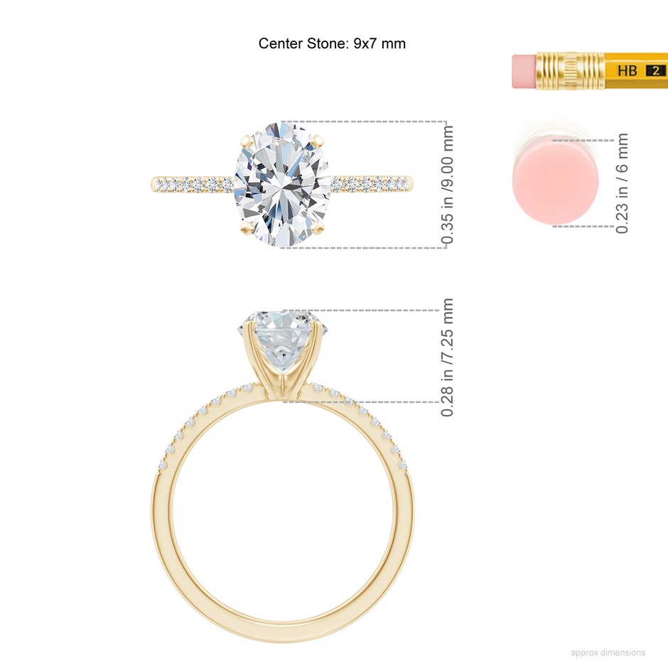 9x7mm FGVS Lab-Grown Peg Head Oval Diamond Classic Engagement Ring in Yellow Gold ruler