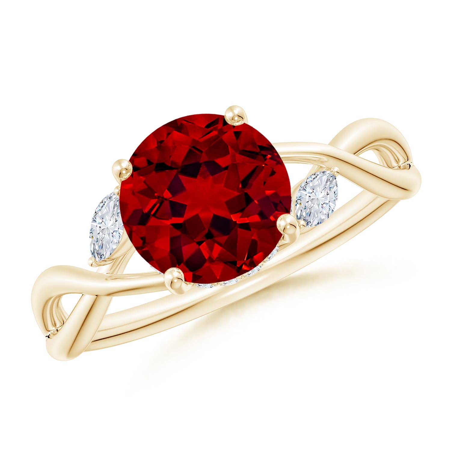 8mm Labgrown Lab-Grown Nature-Inspired Round Ruby Hidden Halo Engagement Ring in Yellow Gold