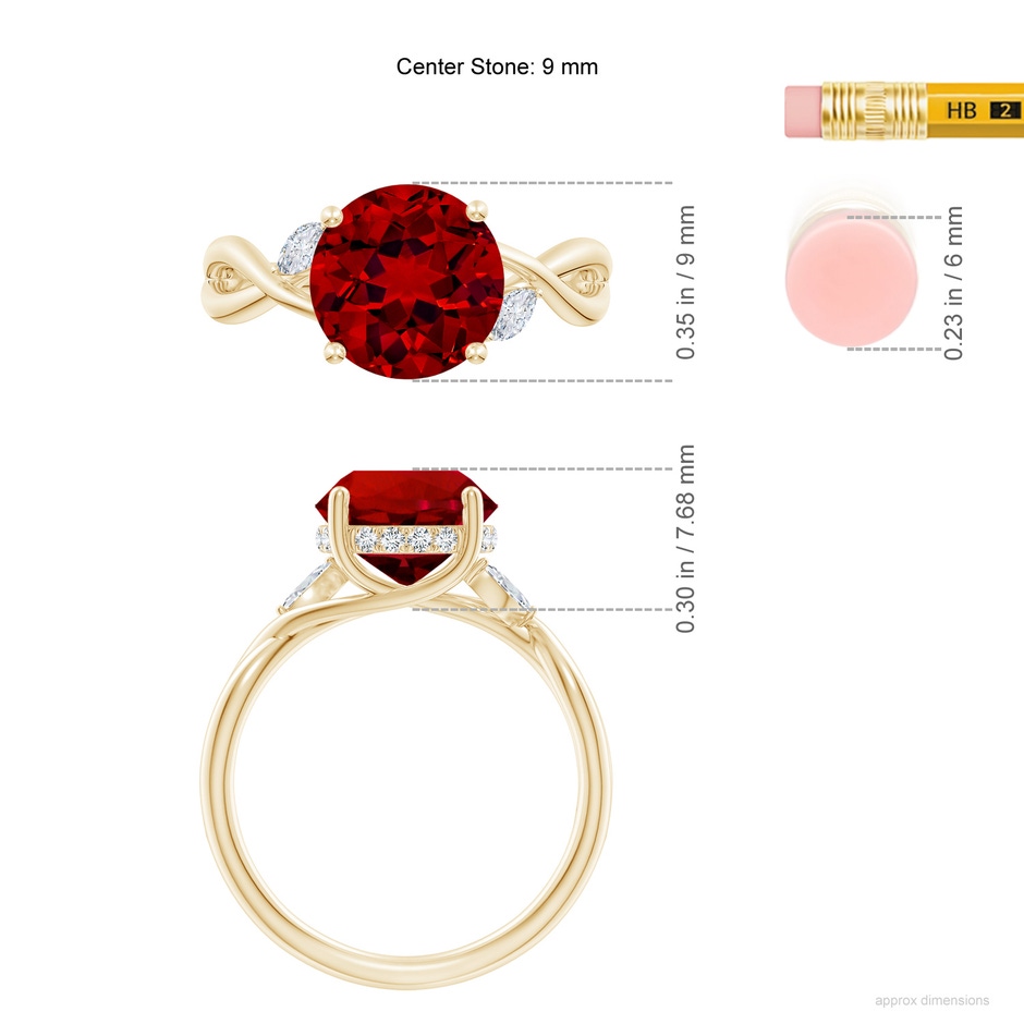 9mm Labgrown Lab-Grown Nature-Inspired Round Ruby Hidden Halo Engagement Ring in Yellow Gold ruler