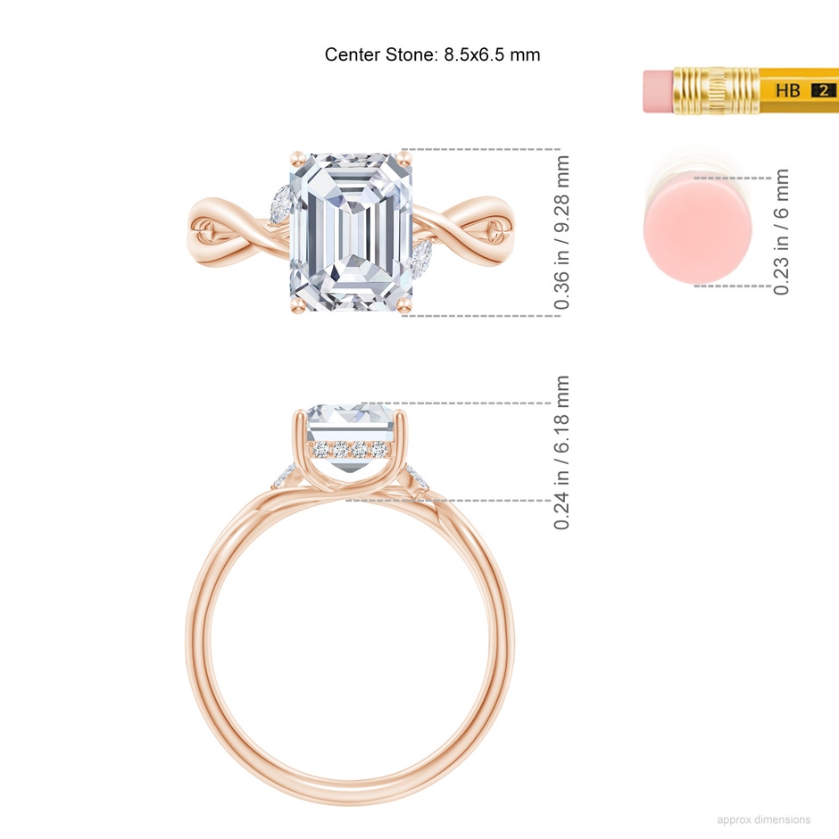 8.5x6.5mm FGVS Lab-Grown Nature-Inspired Emerald-Cut Diamond Hidden Halo Engagement Ring in Rose Gold ruler
