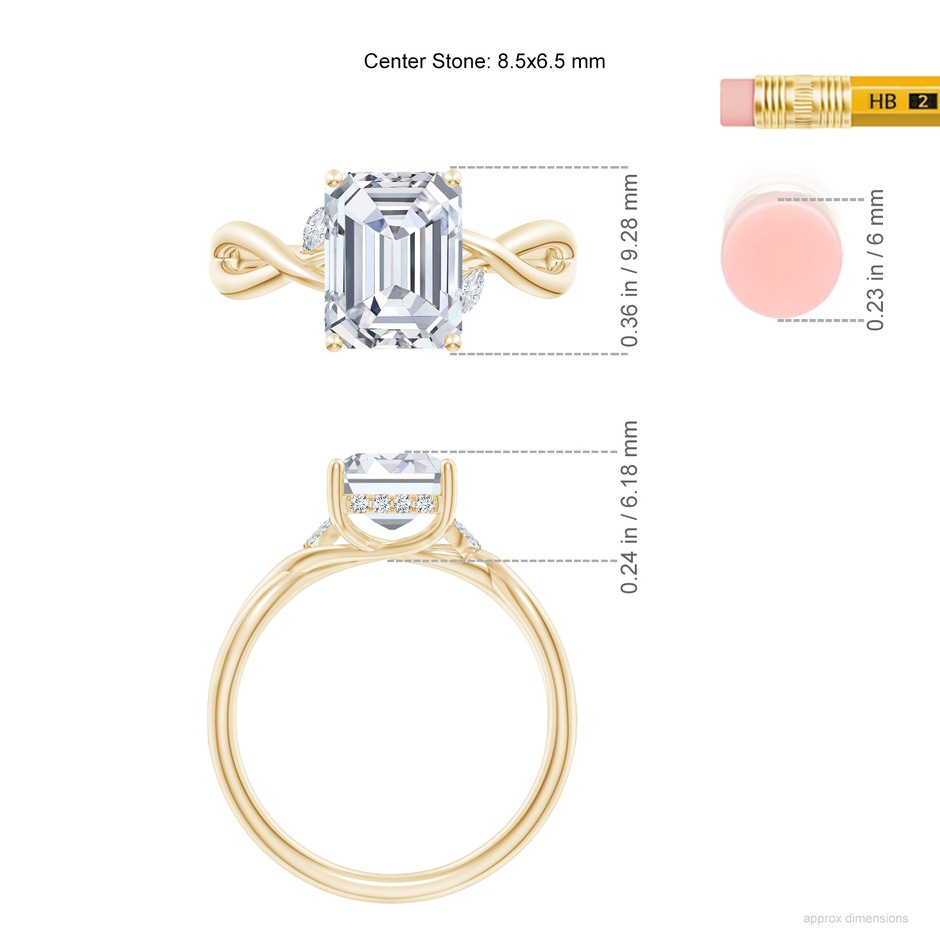 8.5x6.5mm FGVS Lab-Grown Nature-Inspired Emerald-Cut Diamond Hidden Halo Engagement Ring in Yellow Gold ruler