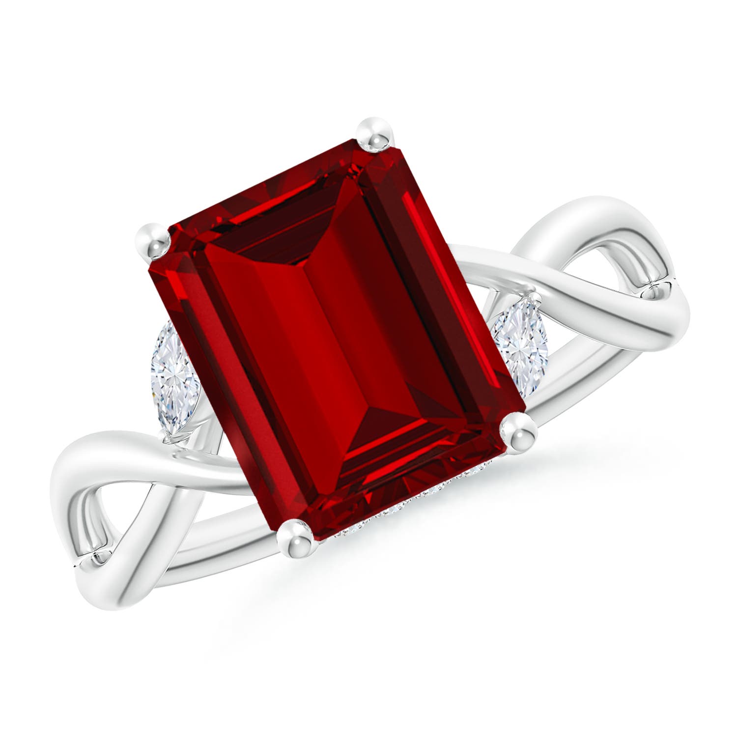 10x8mm Labgrown Lab-Grown Nature-Inspired Emerald-Cut Ruby Hidden Halo Engagement Ring in 18K White Gold