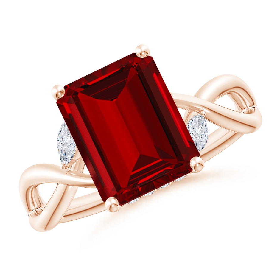 10x8mm Labgrown Lab-Grown Nature-Inspired Emerald-Cut Ruby Hidden Halo Engagement Ring in Rose Gold 