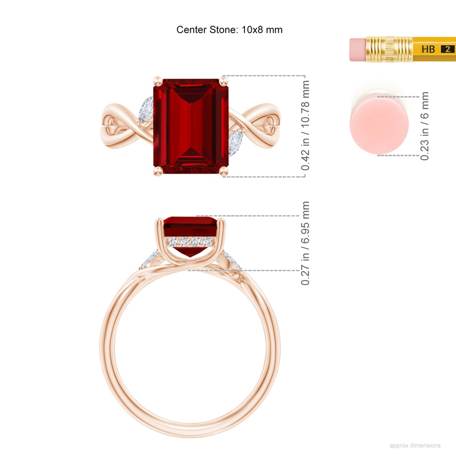 10x8mm Labgrown Lab-Grown Nature-Inspired Emerald-Cut Ruby Hidden Halo Engagement Ring in Rose Gold ruler