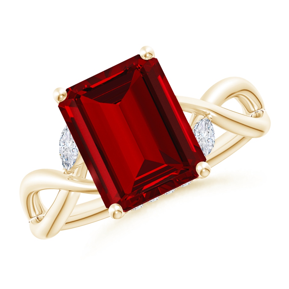 10x8mm Labgrown Lab-Grown Nature-Inspired Emerald-Cut Ruby Hidden Halo Engagement Ring in Yellow Gold 