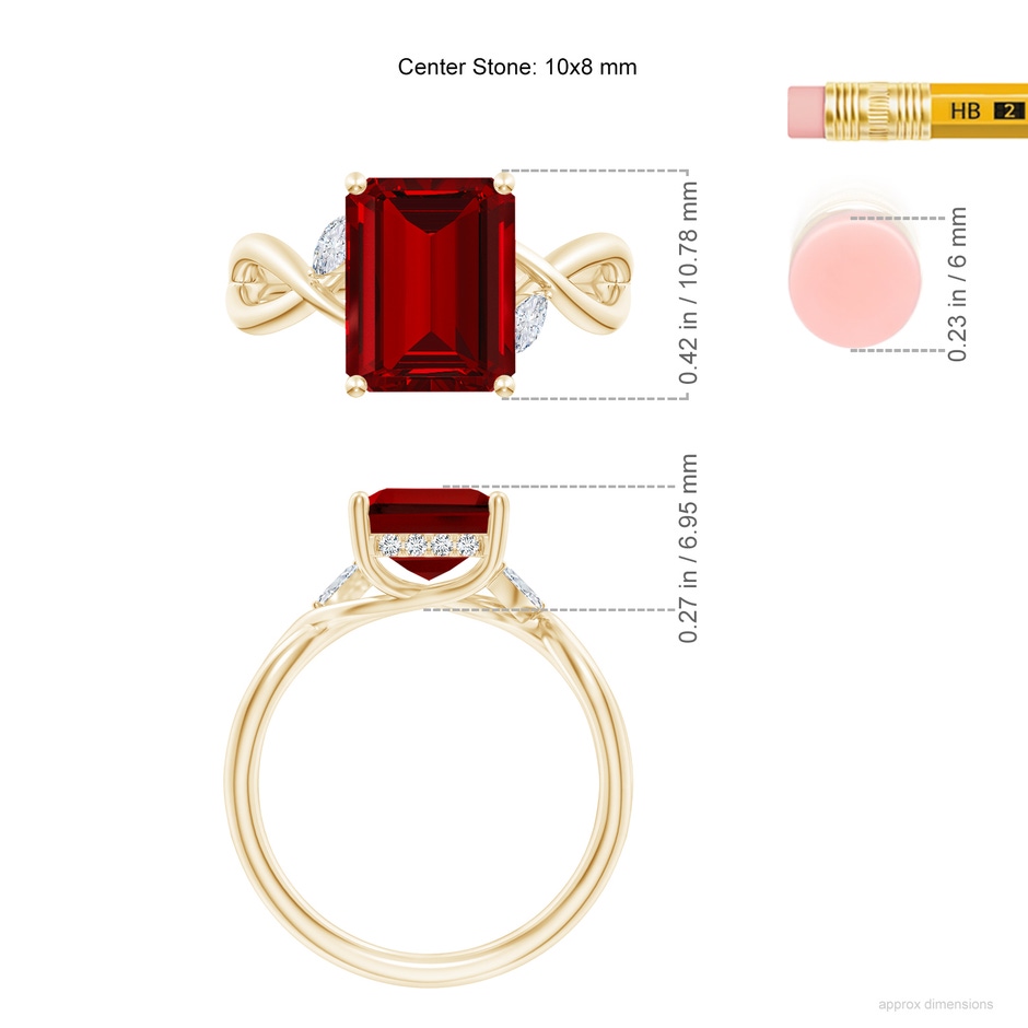10x8mm Labgrown Lab-Grown Nature-Inspired Emerald-Cut Ruby Hidden Halo Engagement Ring in Yellow Gold ruler