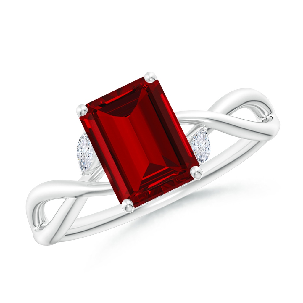 8x6mm Labgrown Lab-Grown Nature-Inspired Emerald-Cut Ruby Hidden Halo Engagement Ring in 18K White Gold