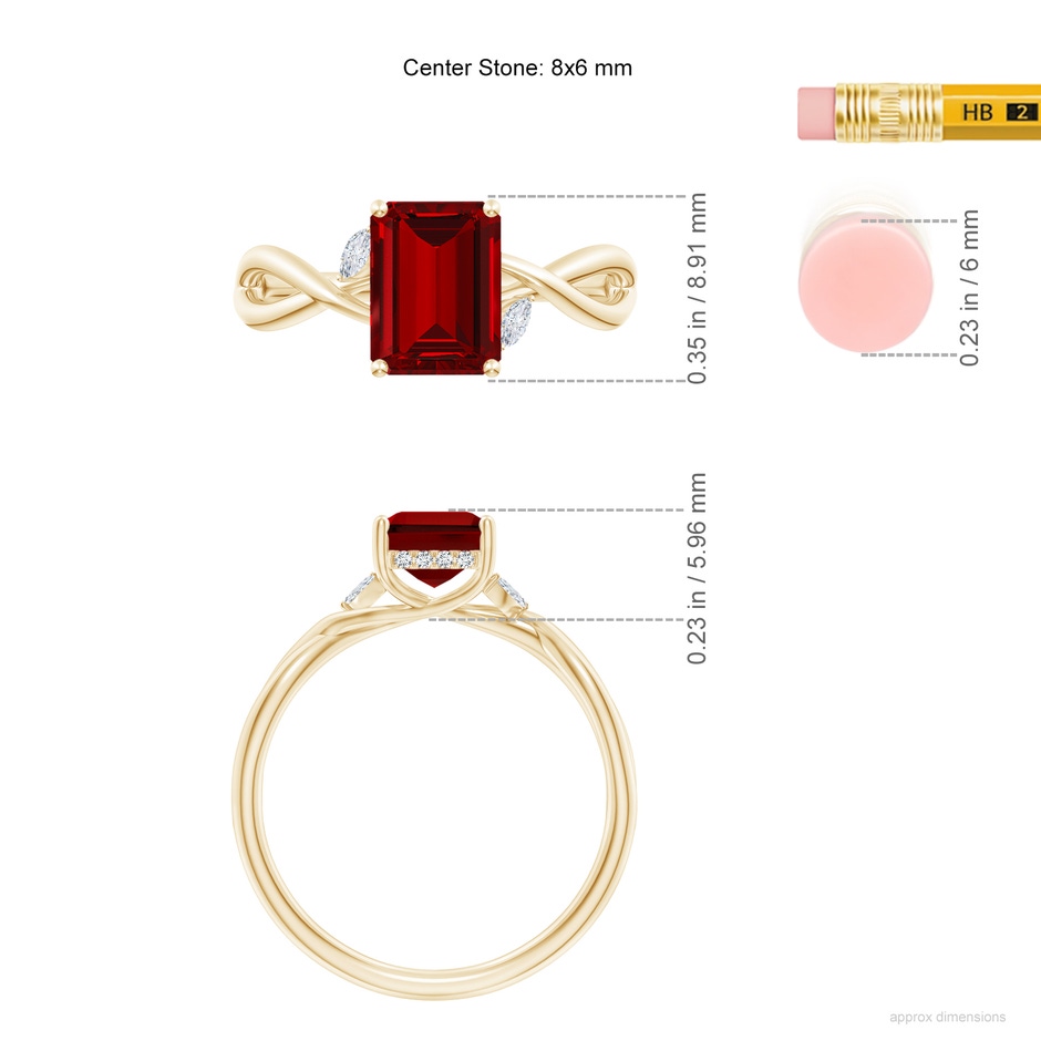 8x6mm Labgrown Lab-Grown Nature-Inspired Emerald-Cut Ruby Hidden Halo Engagement Ring in Yellow Gold ruler