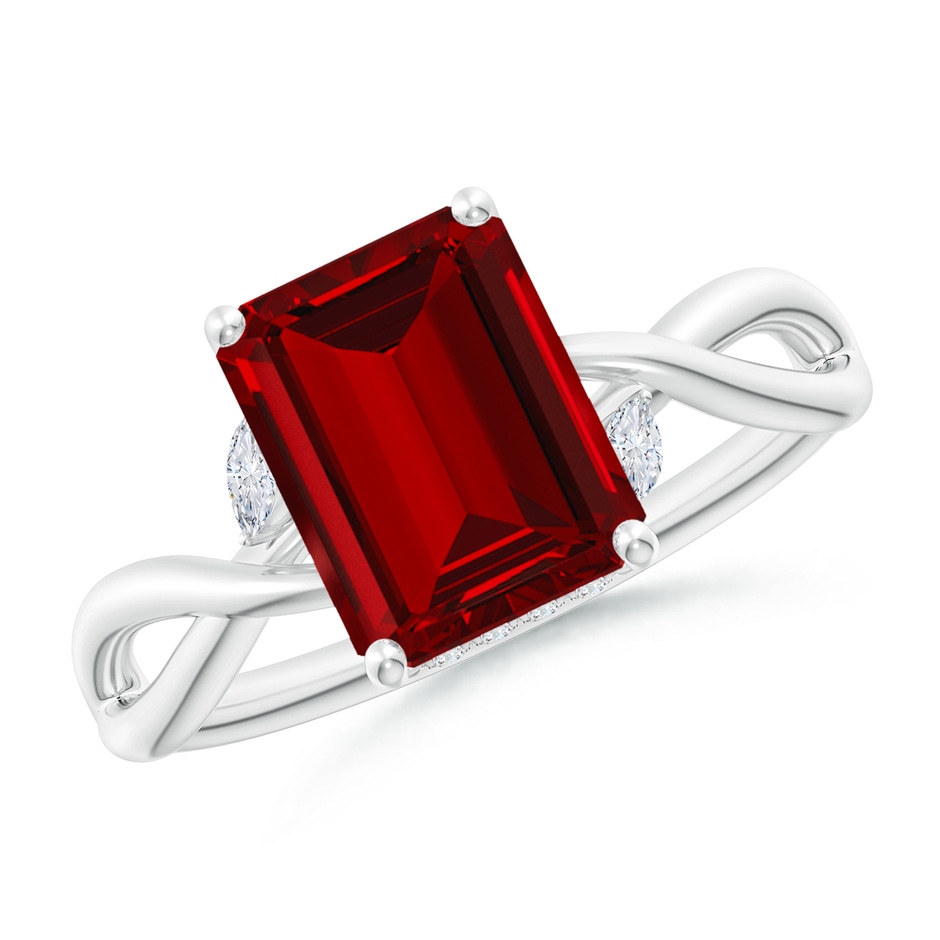 9x7mm Labgrown Lab-Grown Nature-Inspired Emerald-Cut Ruby Hidden Halo Engagement Ring in White Gold 